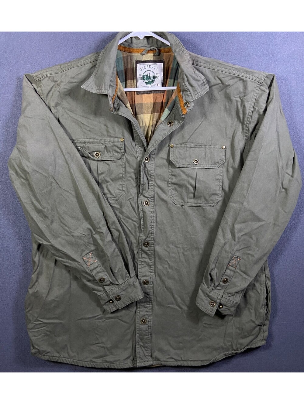 Gioberti Canvas Flannel Lined Shirt Jacket Sz. XL Pockets Snaps Olive Green Camp